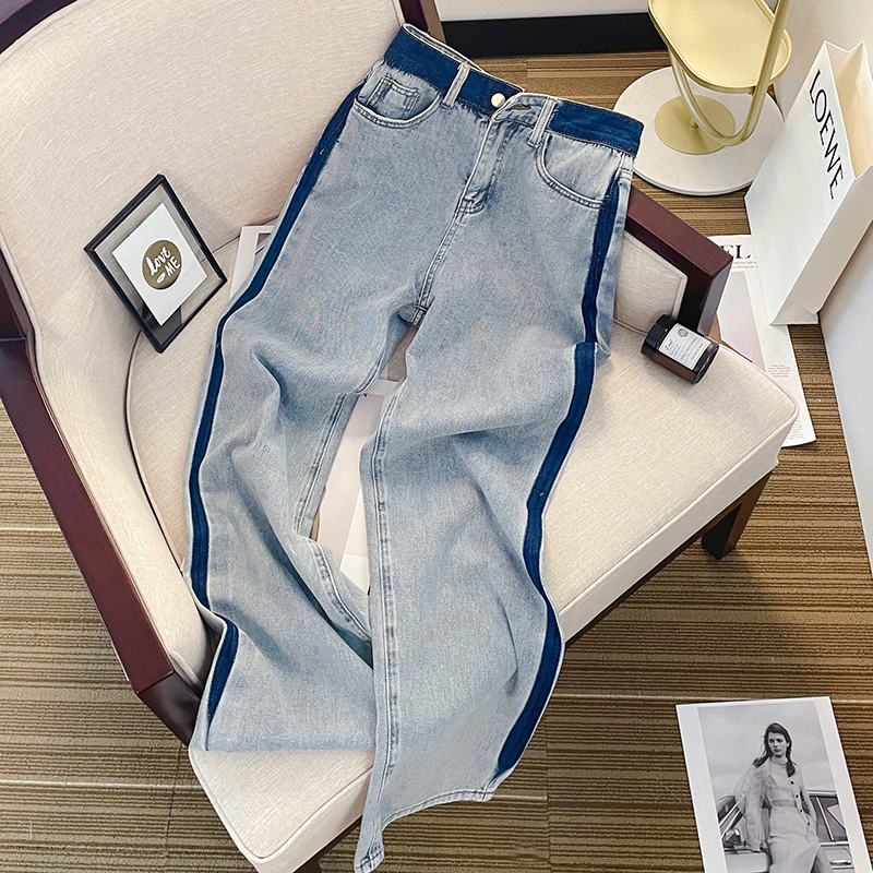 High Street Trendy Stripe Contrast Color Jeans Women's Spring and Autumn Loose Straight Casual Girl's Street Wide Leg Pants Ins