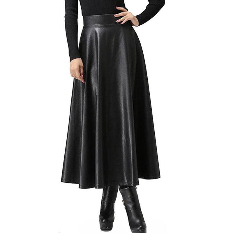 AliExpress European and American foreign trade new women's high waist pu leather skirt long black skirt