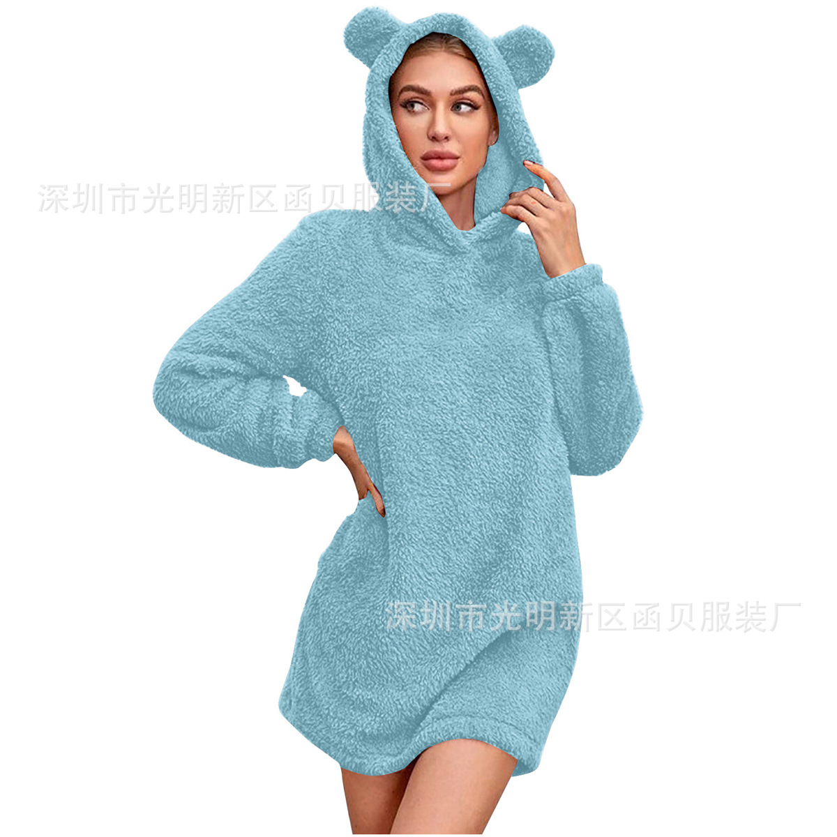 Picture of European and American Cross-border Amazon 2024 Autumn and Winter New Ear Hooded Loose Plush Long Sleeve Women's Wei Skirt Coat