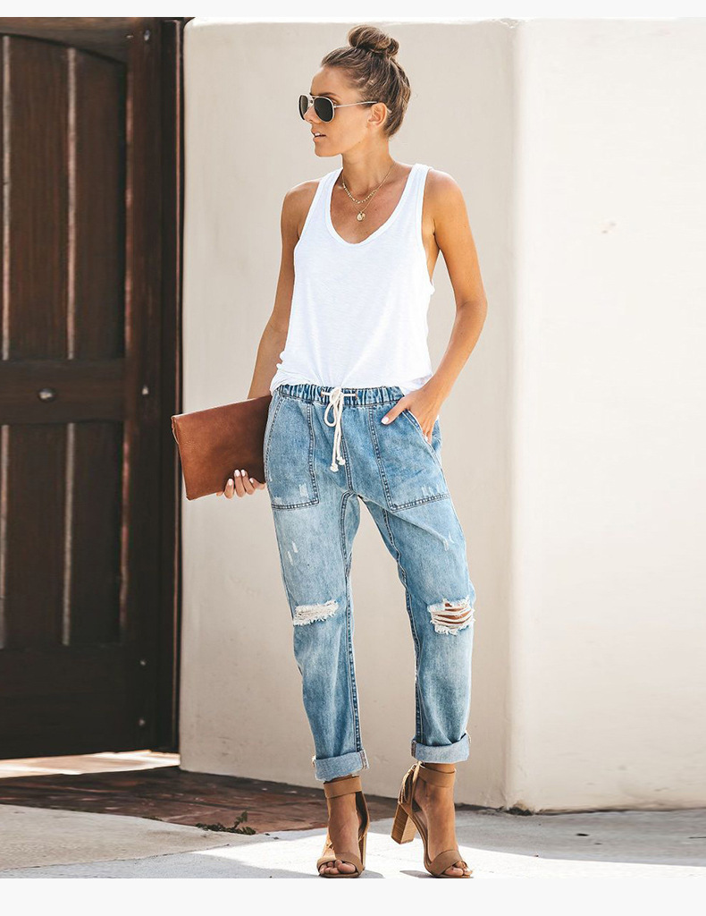 Picture of Cross-border women's clothing 2021 Amazon casual street hipster European and American fashion straight pants women's ripped jeans