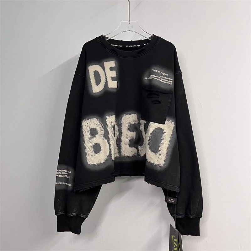 Oversize 1.00 kg-150.00 kg chubby girl Autumn New Korean-style Letter distressed Hole Loose Long-sleeved Sweatshirt Women's Top