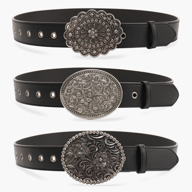 Cross-Border Retro Gemstone Black Belt Women's Versatile Jeans Hot Girl Bohemian Style Carved Wide Women's Belt