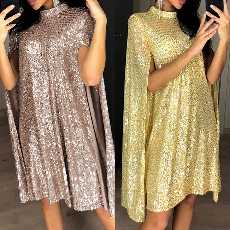 2022 European and American Foreign trade new women's clothing ebay Amazon small stand collar sequins dress loose