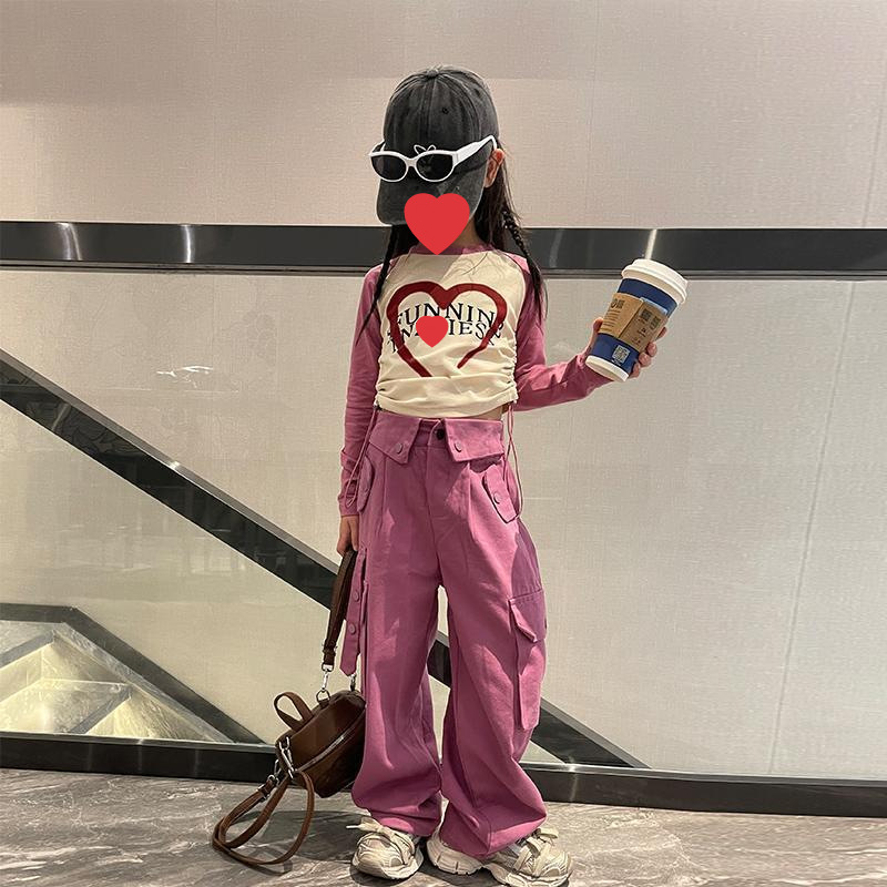 Girls' 2024 Spring and Autumn New Korean style suit children's western style letter color matching top fashionable overalls two-piece suit