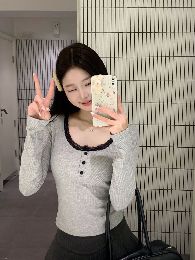 Sweet Lace Crewneck Long-sleeved T-shirt Base Shirt Women's Autumn and Winter New Pure Slim-fit Inner Top with Chest Pad