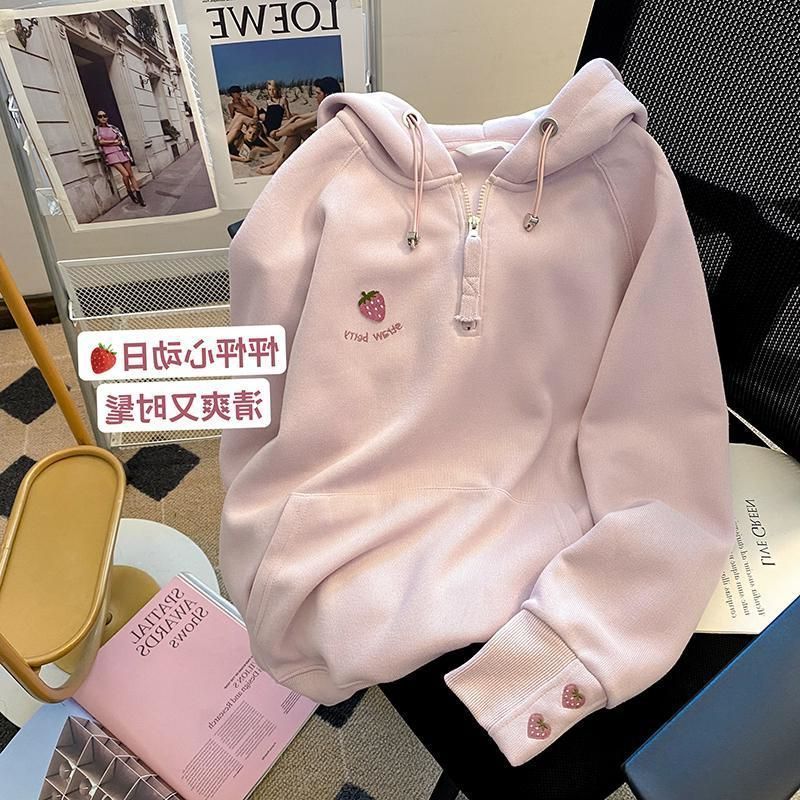 Picture of Pink Hooded Half Zipper American Style Lazy Sweatshirt Women's Autumn and Winter 2024 New Explosions Small Top Jacket
