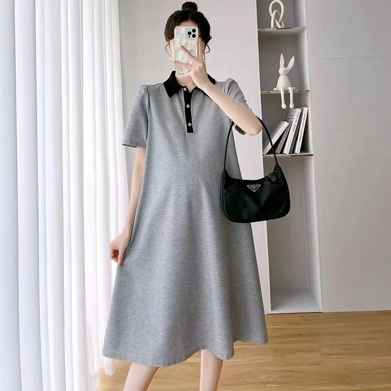 Picture of Maternity Dress for Spring and Summer, Trendy Internet Celebrity Style, Fashionable Long Dress for Pregnant Mothers, Stylish Polo Collar T-Shirt Dress