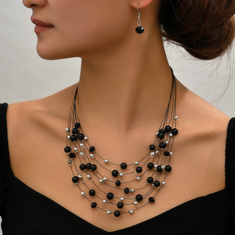 Picture of European and American Cross-border Hot Selling Bohemian Ethnic Style Handmade Beaded Crystal Pearl Multi-layer Necklace Earrings Set for Women