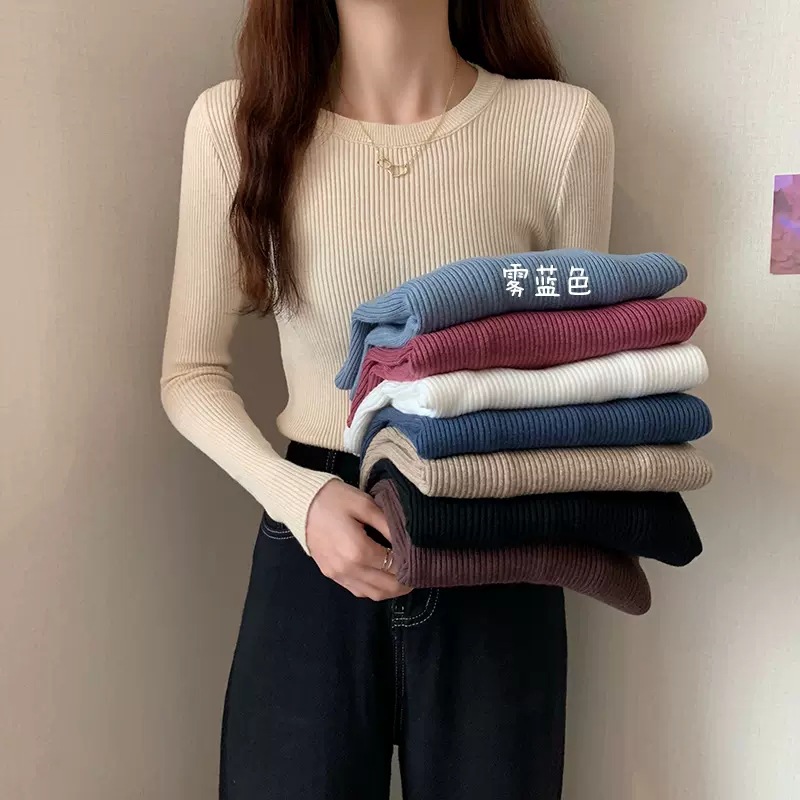 Picture of Sweater 2023 autumn new women's slim-fit black undershirt Western style round neck long sleeve early autumn knitted top