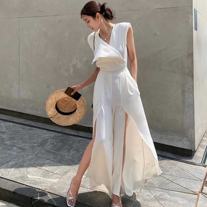 South Korea's Dongdaemun French Style Elegant and Fashionable V Neck Sleeveless Chic Slit Jumpsuit for Women