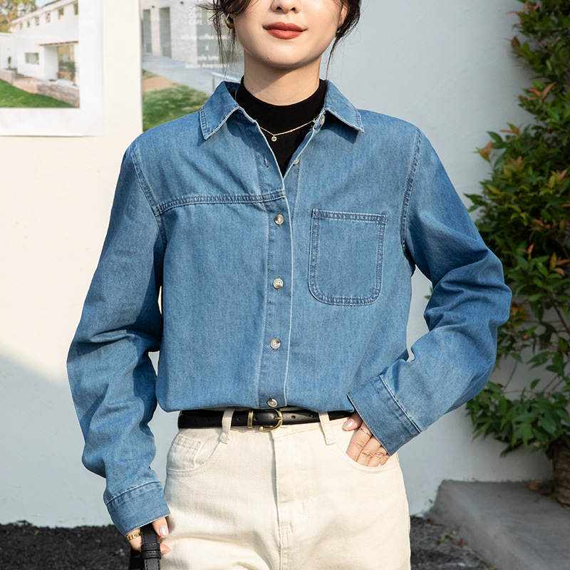 Picture of Denim Shirt Women's Inner Wear Spring New Design Sense Blue Jacket Wide Loose Shoulder Stacked French Shirt Long Sleeve