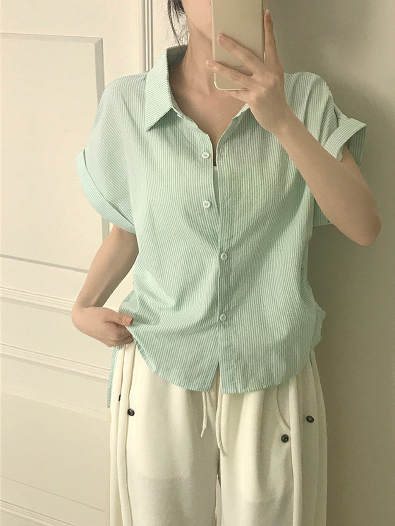Picture of Chic French Plaid Drawstring Shirt for Women - Slim Fit Waist, Casual Short Sleeve Shirt with Collar