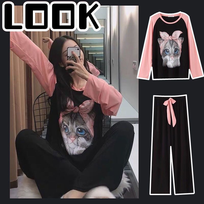 Korean version of pajamas women's ins long sleeve pants two-piece set of milk silk thin home clothing black scarf cat micro-business New