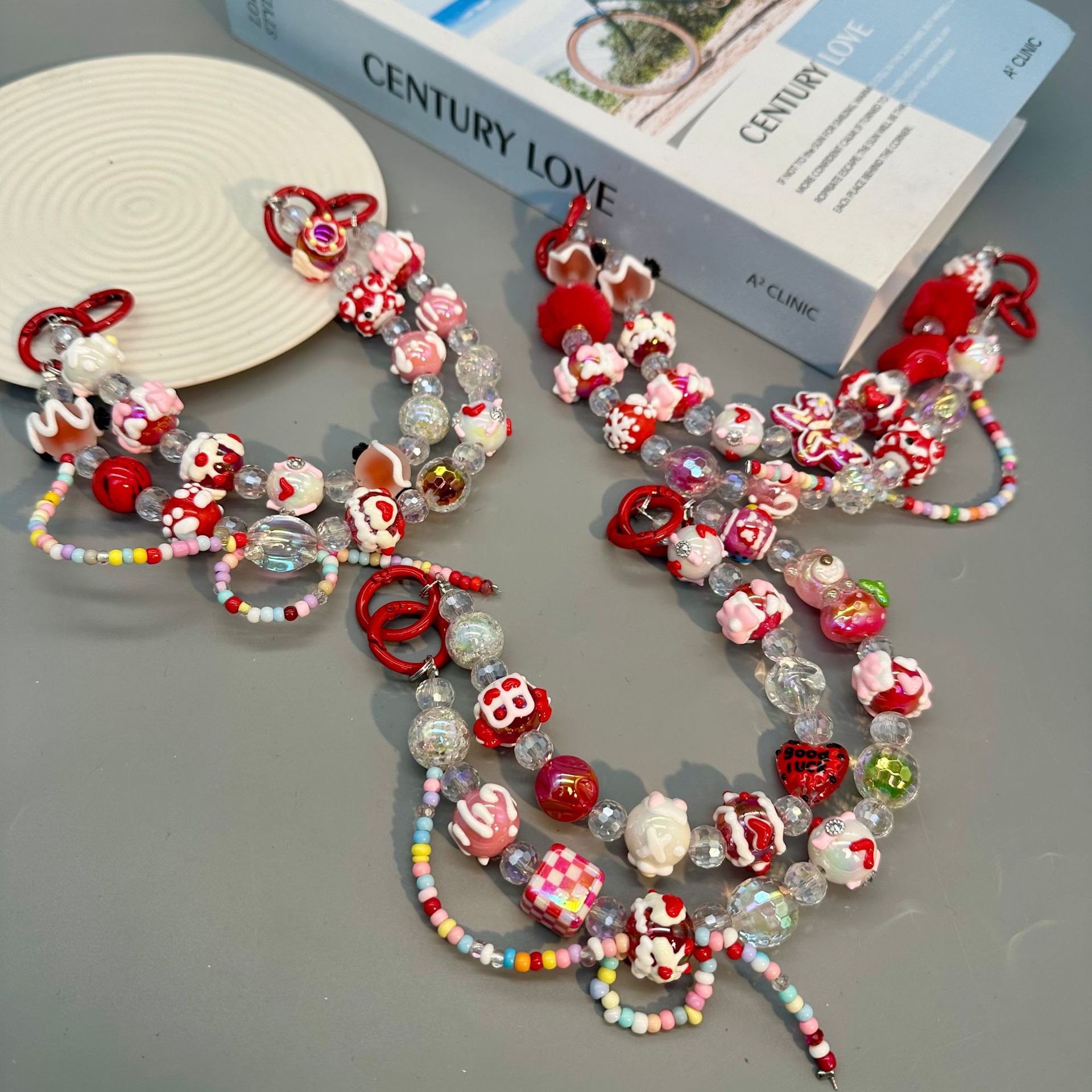 Live Broadcast Tiktok Supply Chain Hand-Painted Double Chain Heavy Industry Beads DIY Beaded Bag Hanging Mobile Phone Chain Key Chain Wholesale