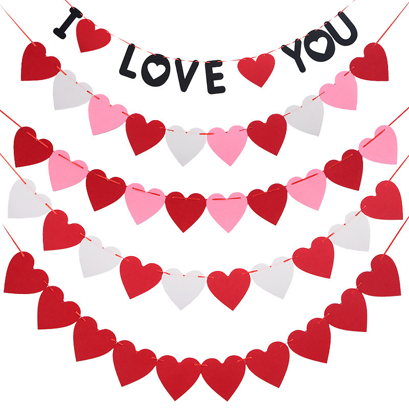 Festive Party Decoration Supplies Felt Valentine's Day Heart Flag Heart-Shaped Felt Banner Door Curtain Hanging Decoration Wedding Room Atmosphere