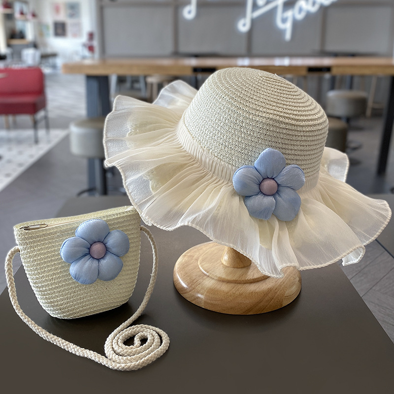 Summer Girls' Straw Hat Children's Parent-Child suit All-Match Sun Bag Sunscreen Cap Mesh Hat Sunshade Small Fresh