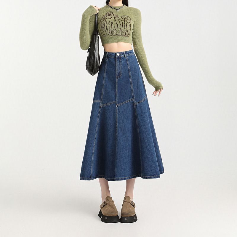 Spring 2025 New Vintage Stitching Half-length Umbrella Skirt Women's Mid-length Slim-fit Hip Denim Skirt for Women SKIRTS