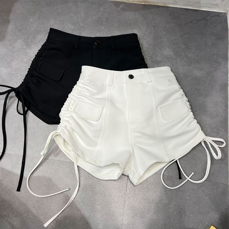 Women's fashion shorts with lace on both sides wear new high waist pleated Joker casual pants stretch slim hot pants wholesale