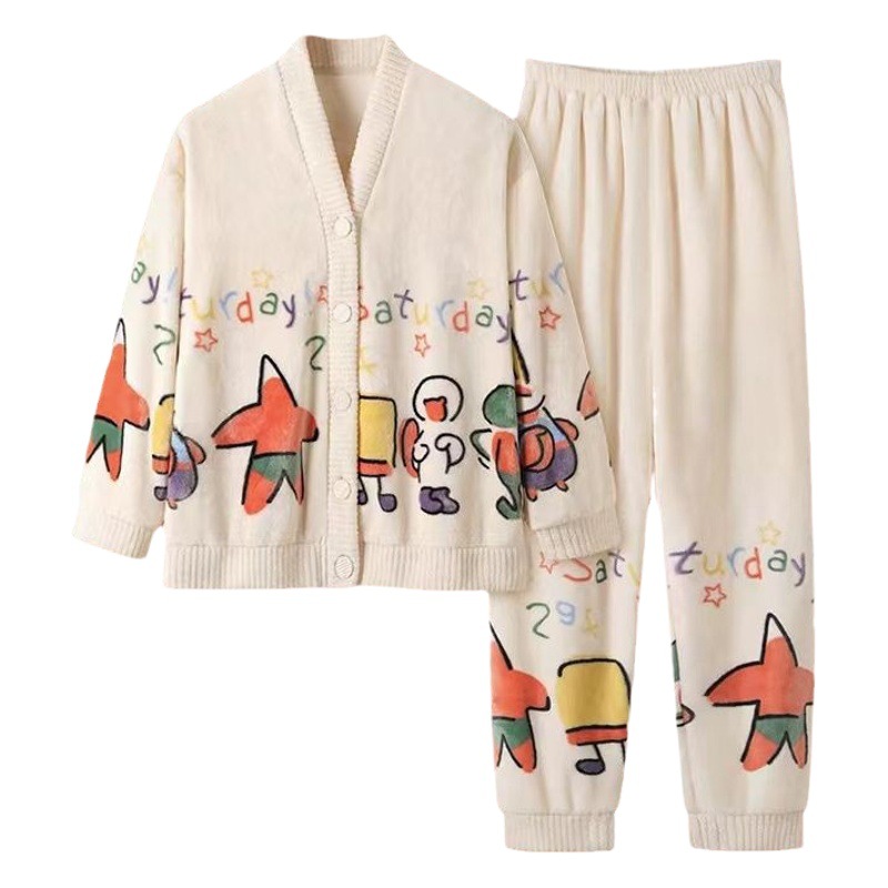 Cute Internet-style Big Star Coral Fleece Pajamas Long-sleeved Simple Casual Women's Autumn and Winter fleece-lined Cartoon Home Clothes