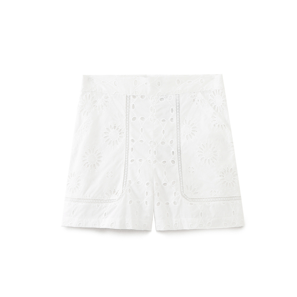 European and American 2024 New Summer Style Sweet and Versatile Hollow Embroidered High-Waisted Shorts