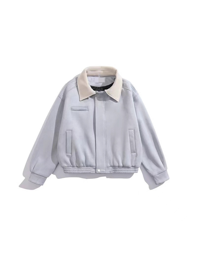 Blue Lapel Baseball Uniform Tops Women's Autumn 2025 New American Sweet Tops Faux Suede Early Autumn Top