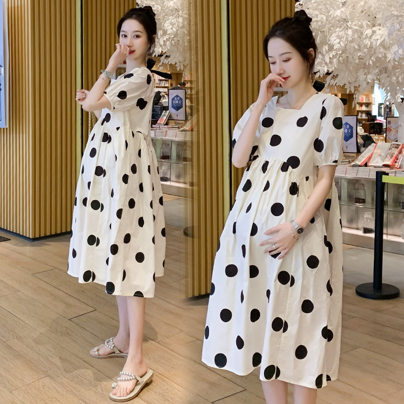 Picture of Maternity Summer Loose plus size Fashion Polka Dot Western Style Square Collar High Waist Long Dress Trendy Mom Polka Dot Pregnant Women's Dress Summer