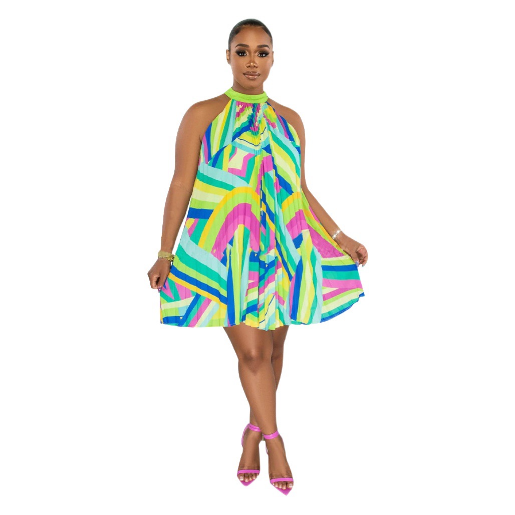 K10537 Amazon European and American foreign trade women's new beach dress shoulder sleeveless printed pleated dress wholesale