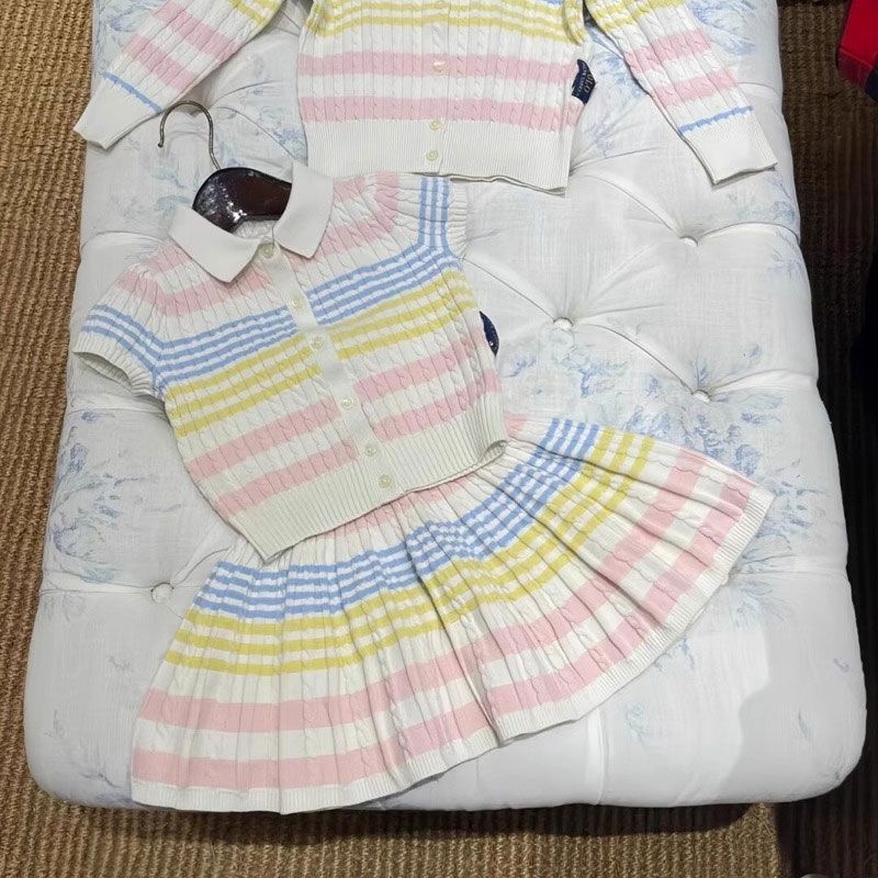 Picture of Girls' Colorfulful Knitted Suit New Style Summer Sweet Colorfulful Stripesd Knitted Top and Skirt Two-Piece Set