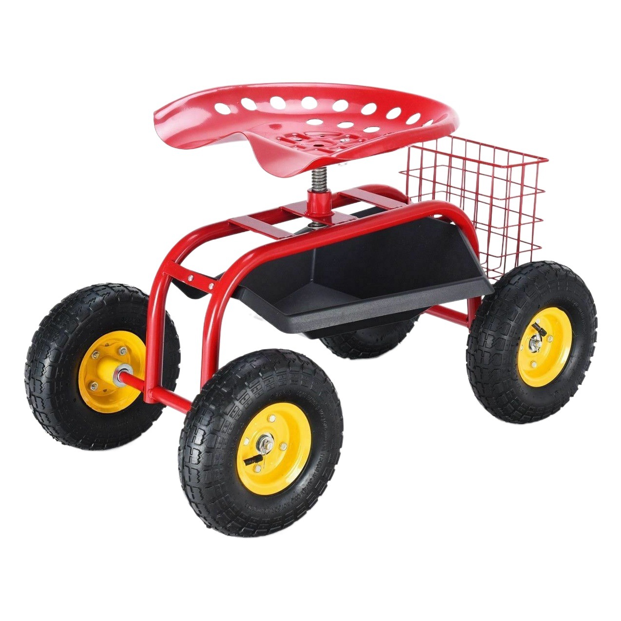 Factory supply movable garden seat cart with 360 degree rotating seat and tool tray