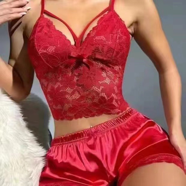 Europe and the United States cross-border new wish Amazon suspenders lace vest top lace shorts pajamas suit