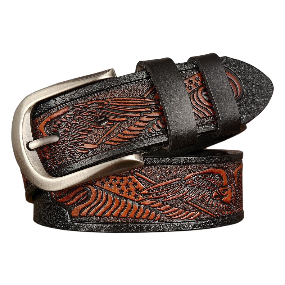 Cross-border Men's Whole Cut Cowhide Belt Eagle Carved Cowhide Belt Men's Personalized Casual Pin Buckle Jeans Belt