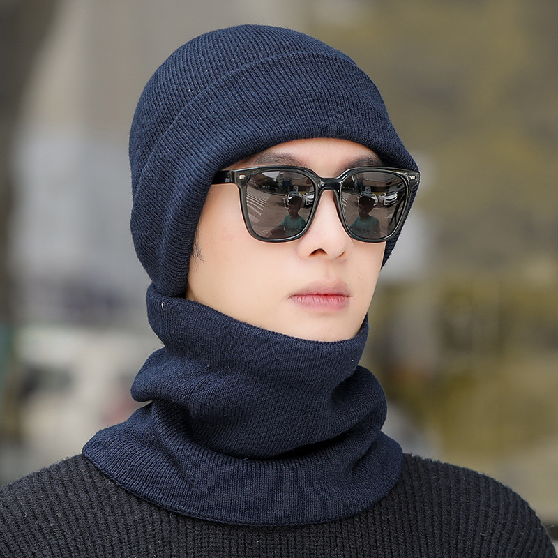 Picture of Knitted hat scarf kit men's winter outdoor leisure velvet ear protection wool cap tide solid color warm pile cap