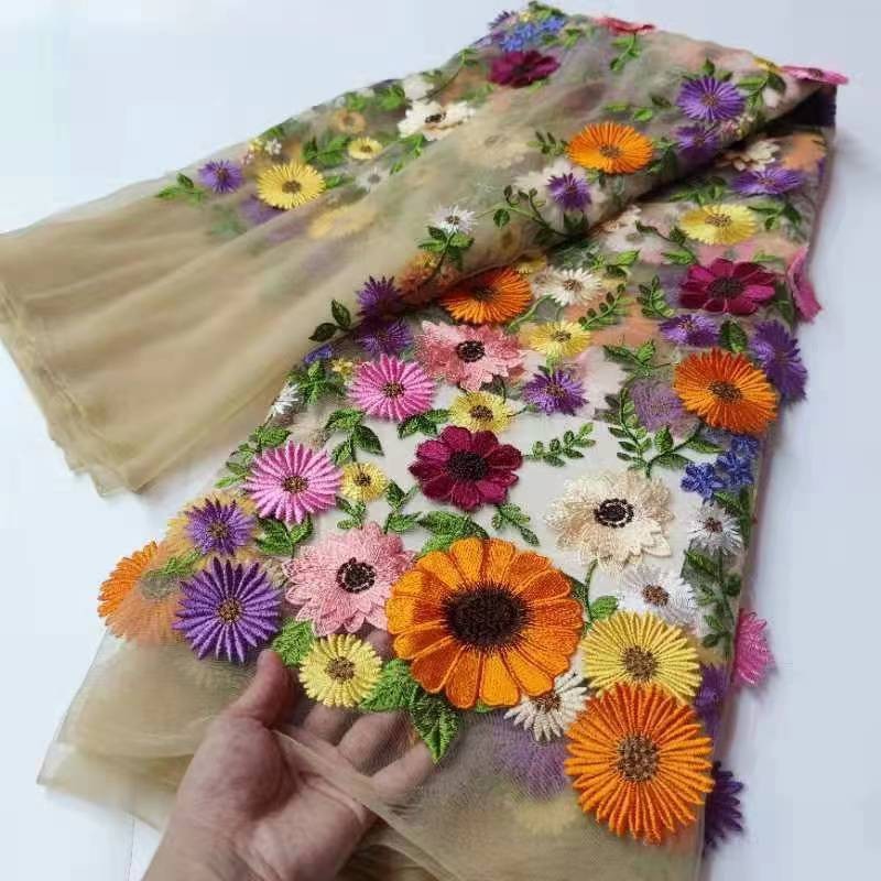 Picture of National cheongsam 3D three-dimensional floating flower mesh embroidery lace fabric unilateral sunflower dress dress fabric