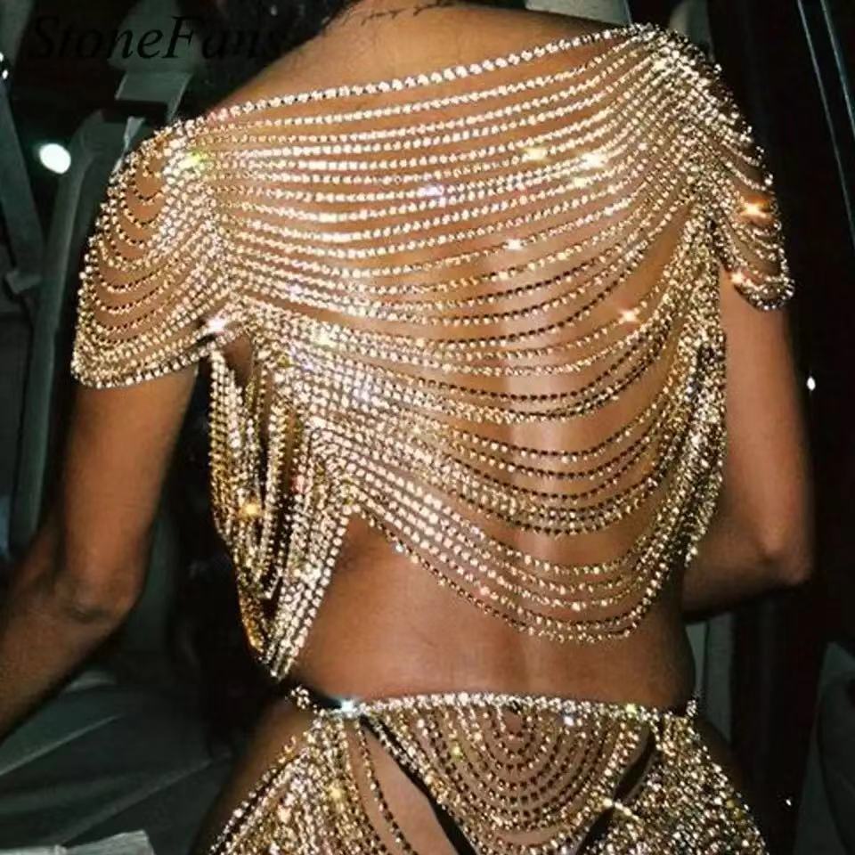 AliExpress Cross-border Fashion Luxury Rhinestone Body Chain Sexy Bikini Multi-layer Chest Chain Prom Costume Jewelry Women