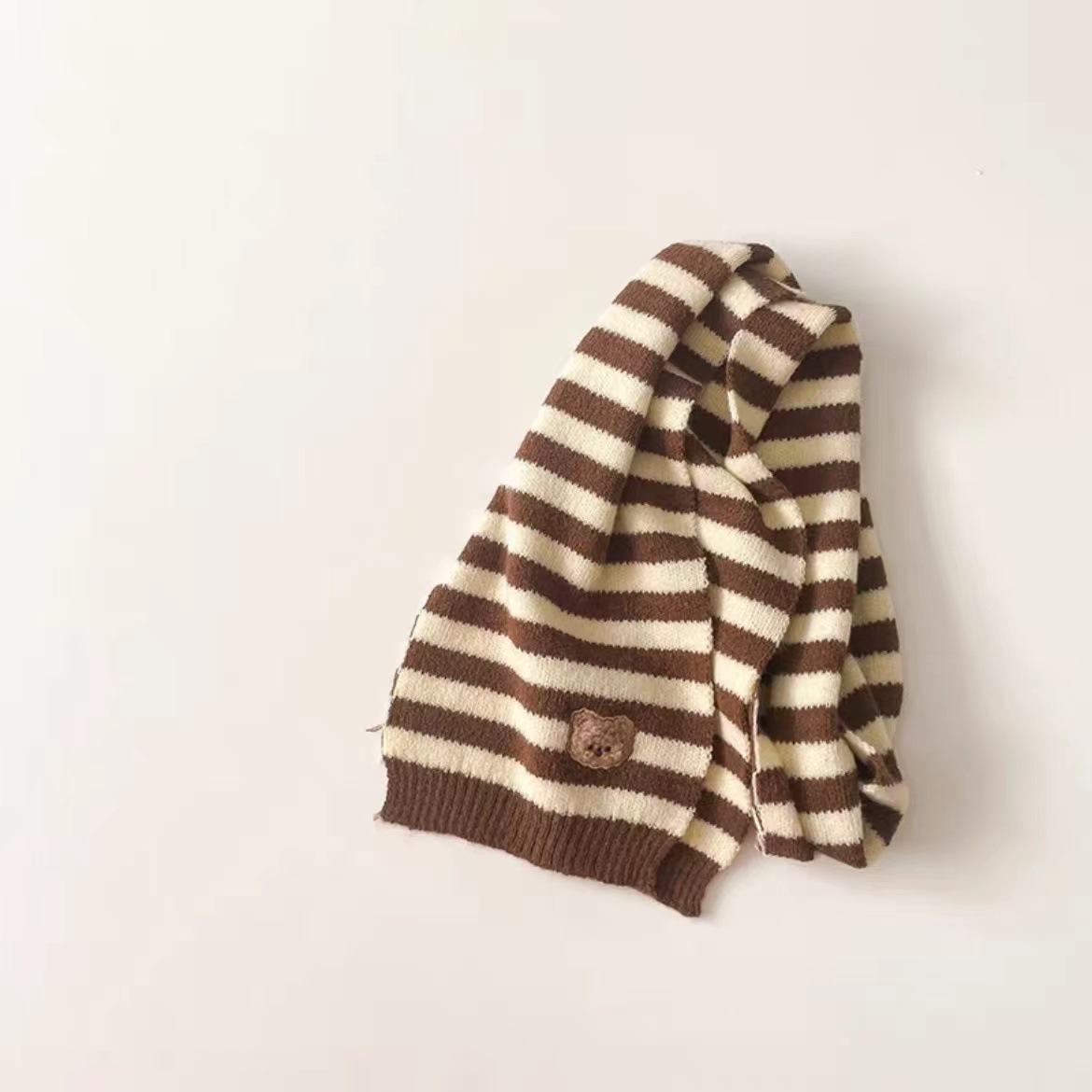 Picture of Children's Woolen Scarf Korean Style Color-Blocked Stripesd Knitted Embroidered Korean Bear Cute Woolen Scarf for Boys and Girls