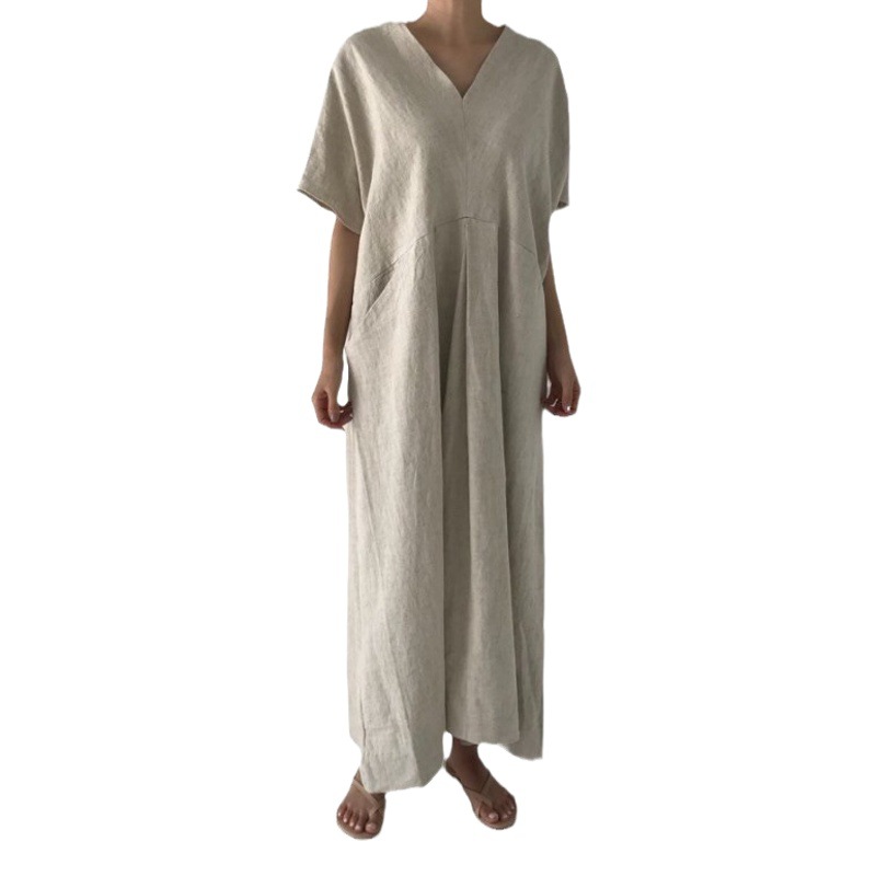 Japanese and Korean-style Summer New Street Loose Lazy Big Pocket Vintage Tinky V-neck Dress for Women