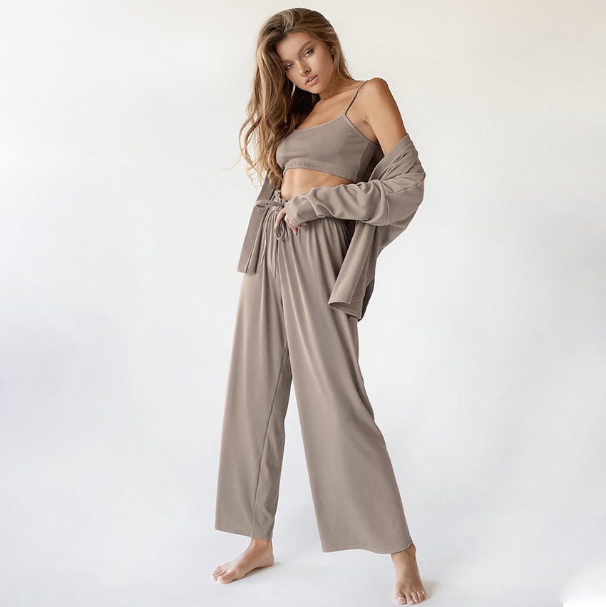 2023 European and American autumn and winter New knitted cardigan pajamas three-piece sling long-sleeved trousers women's home wear wholesale