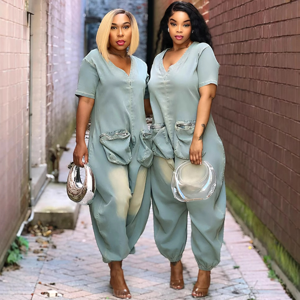 European and American women's loose jumpsuit Amazon cross-border women's fashion personality large pocket washed Denim jumpsuit
