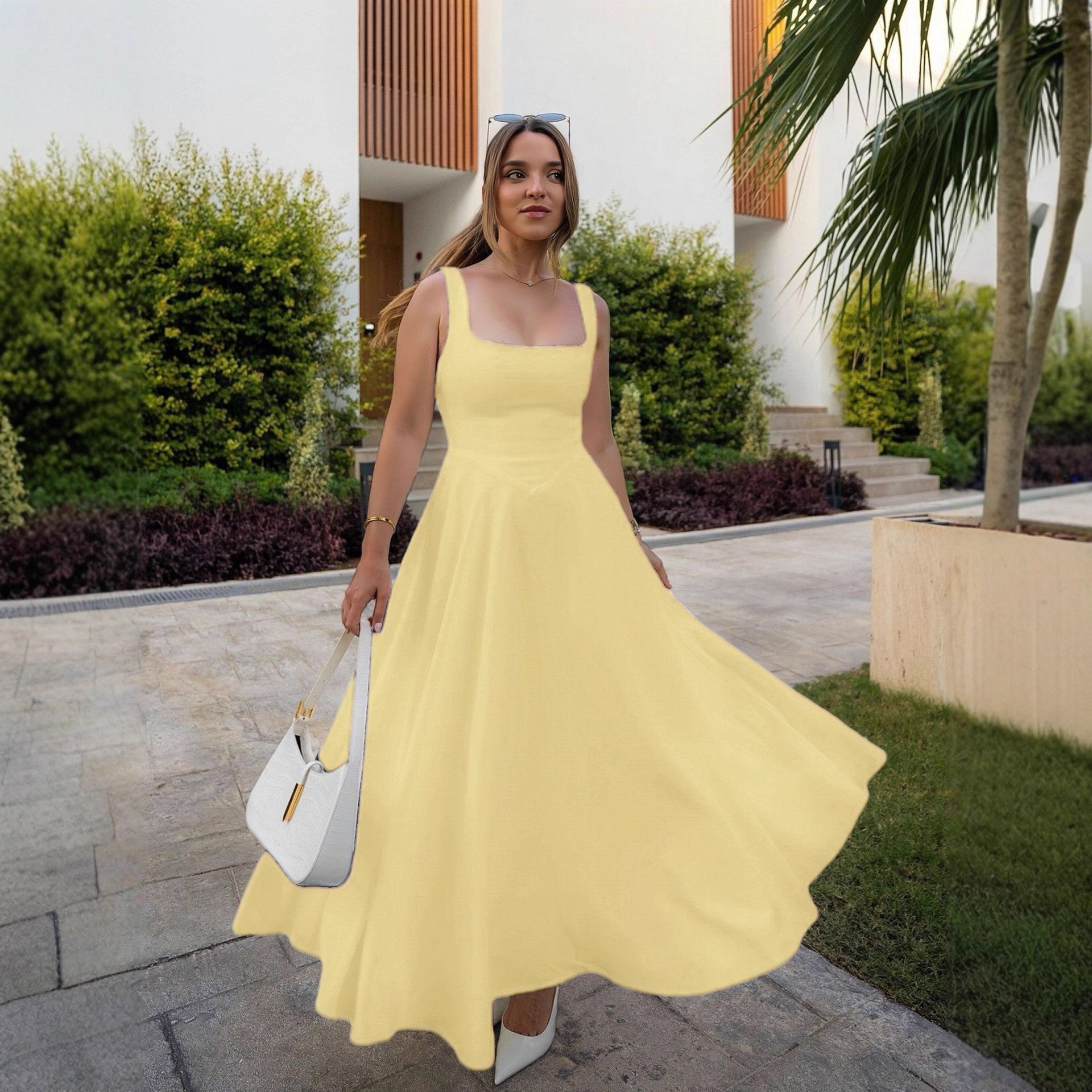 Picture of Foreign Trade Amazon 2025 Summer New European and American Women's Elegant Square Collar Sleeveless Waist Sling dress Women