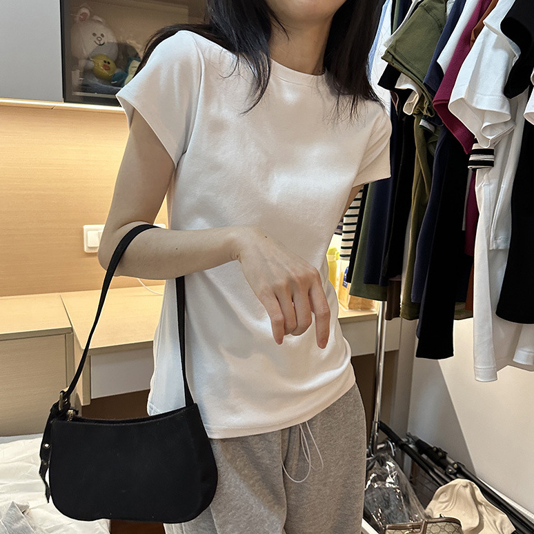 Picture of Right Shoulder Slimming Look Basic Pure Cotton Ribbed Cotton T-Shirt Women's Student Bottoming Shirt with Slim Short-Sleeved Top
