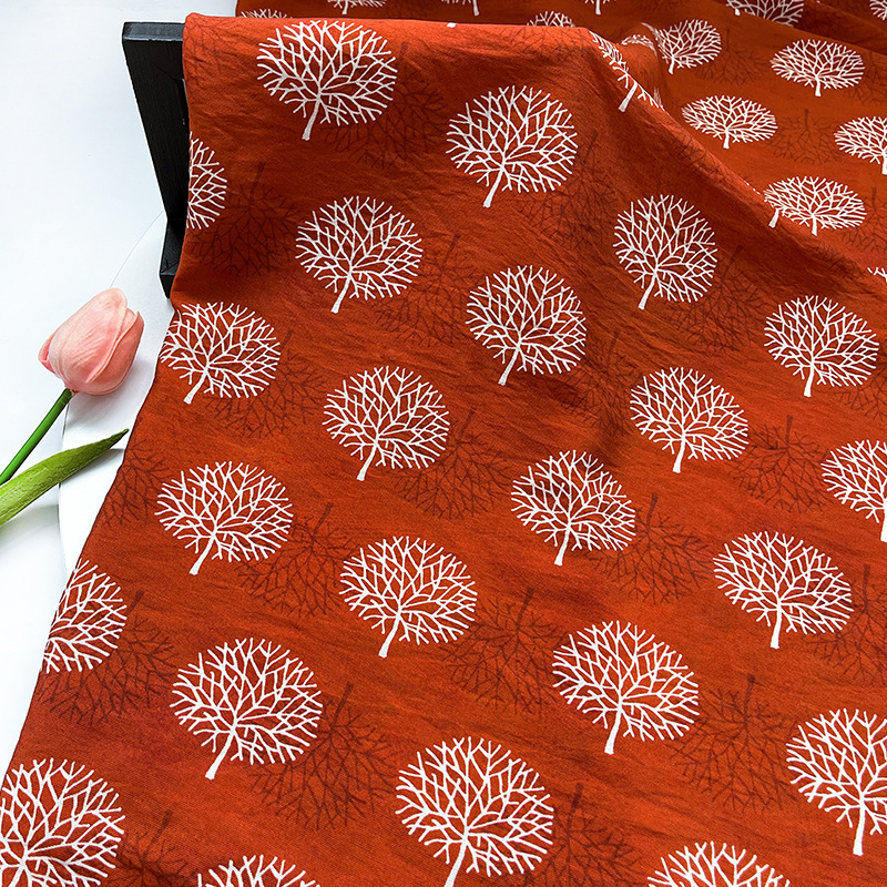 Red Background Branch Brocade Cotton Fabric Digital Printed Fabric New Chinese Style National Style Cheongsam Dress Top Hanfu Fabric