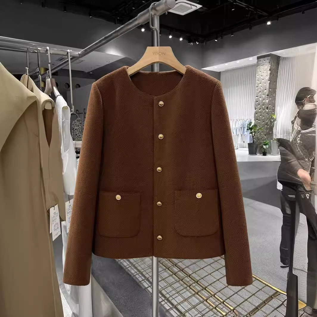 Picture of Dark Brown Short Woolen Niche Round Neck Jacket for Women 2024 New Autumn and Winter Light Mature Style High-End Simple Top