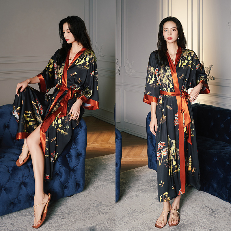 Picture of Yaoting Satin Printed Pajamas for Women Summer Large Size Accessible Luxury Three-Quarter Sleeves Cool Long Nightgown Home Wear Women Wp2669
