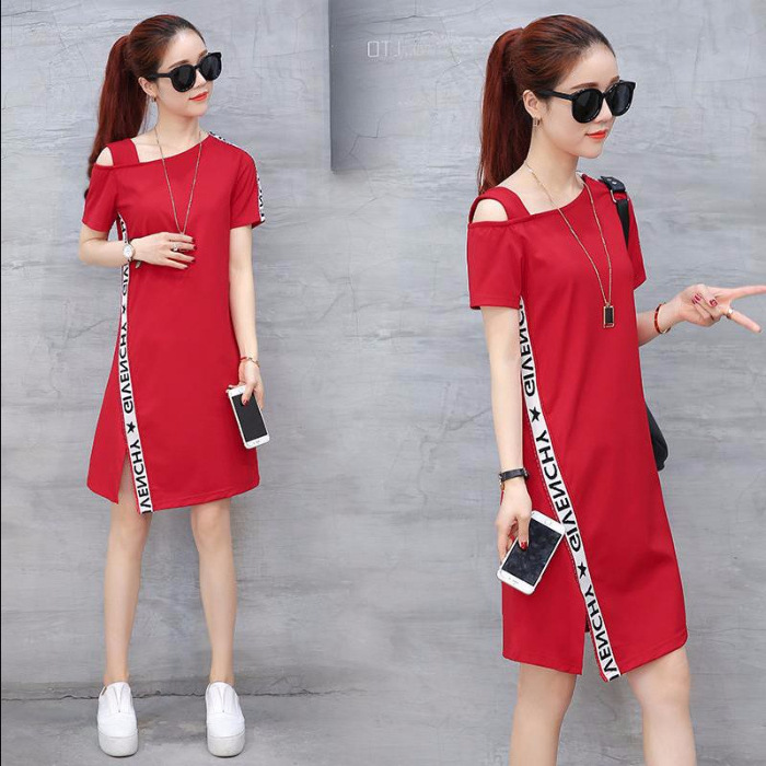 Summer American-style Trendy Slip Covering Belly Slimming plus size Women's Shoulder Short-sleeved Mid-length dress A- line Skirt Ins
