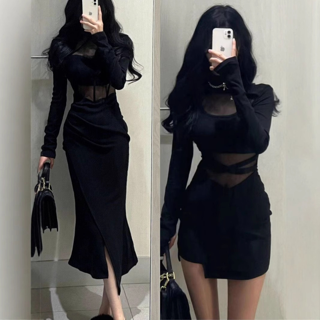 Sexy Spice Girl Micro Perspective Black dress Women's Summer New Mesh Stitching Pure Mature Tight Hip Dress