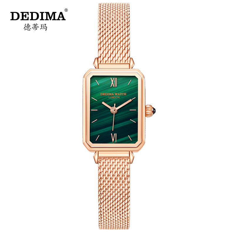 Fashionable Rose Gold Mesh Square Small Green Watch Malachite Roman Numeral Quartz Non-Mechanical Waterproof Leather Watch