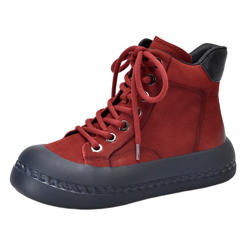 Lightweight Women's leather retro casual all-match short boots autumn and winter lace-up round toe high-top single-layer boots fashion