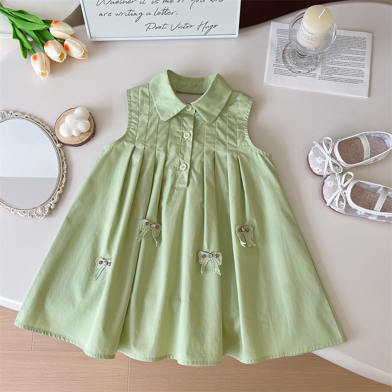Girls Skirt Summer 2025 New Kidsren's Dress Summer High-End Summer Pure Green Princess Dress