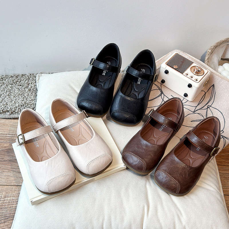 Girls' Leather Shoes 2025 Spring New Children's Shoes Korean Versatile Square-Toe Shoes Retro Fashion Grandma Trendy Shoes