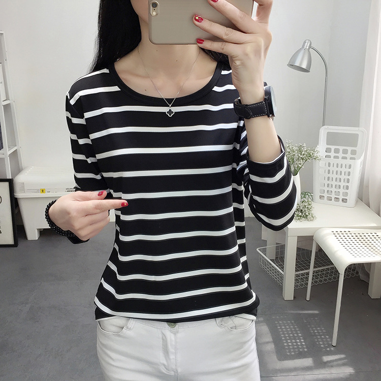[A large number of spot] black and white striped bottoming shirt women's long sleeve relaxed-fit slim Korean-style top student round neck T-shirt